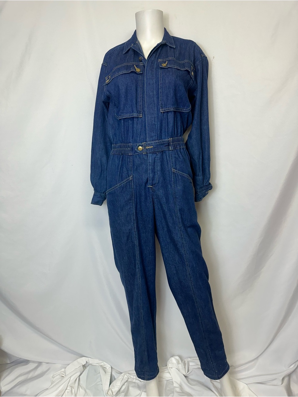 VINTAGE LIZ WEAR SIZE 2 PETITE DENIM JUMPSUIT 100% Cotton Gold Buttons